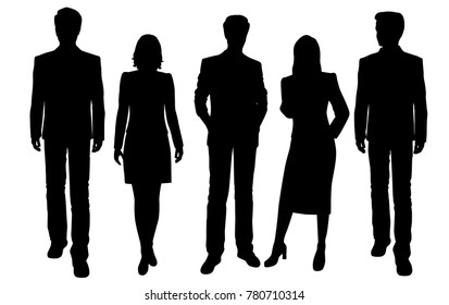 Vector silhouettes of men and women standing, business people group,  black color, isolated on white background