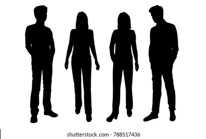 Vector silhouettes of men and women standing, business people group,  black color, isolated on white background