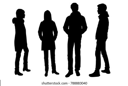 Vector silhouettes of men and women standing, outerwear, business group people, different poses, profile,  black color, isolated on white background