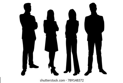 Vector silhouettes of men and women standing, business group people, different poses, profile,  black color, isolated on white background