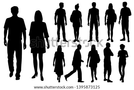 Vector silhouettes men and women standing, business  people group,  black color, isolated on white background