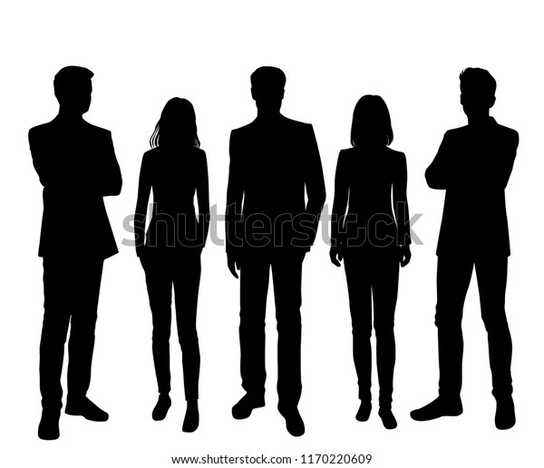 白い背景に男性と女性が立っているベクター画像シルエット 異なるポーズ ビジネス 人 グループ 黒い色 のベクター画像素材 ロイヤリティフリー