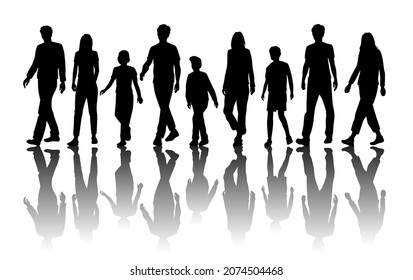 Vector silhouettes of  men, women and teenagers, group of walking business people with shadow, black color isolated on white background