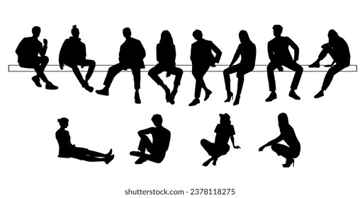 Vector silhouettes of men, women and teenagers sitting on a bench, different poses, a group of business people, black color on a white background