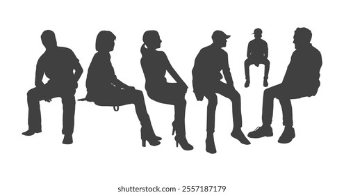 Vector silhouettes of men, women, teenagers, a group of sitting on a bench business people, profile, black color isolated on white background