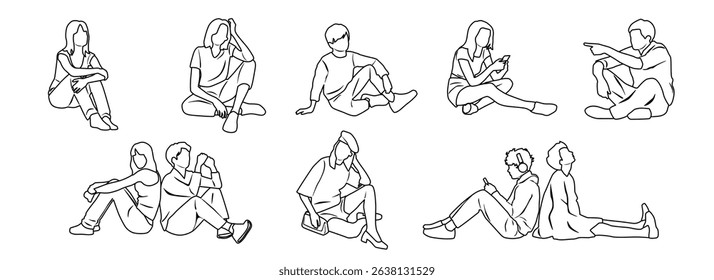 Vector silhouettes of men and women and teenagers, business people,  sitting, profile, hand draw, linear sketch, black and white color, isolated on white background