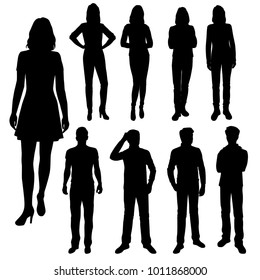 Vector silhouettes of men and women walking and standing, businessmen and businesswomen, group people, different poses,  black color, isolated on white background