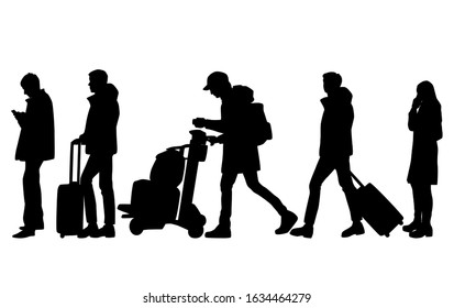 Vector silhouettes of men and women walking, standing with a smartphone, carrying a trolley with Luggage, suitcases, leaving or arriving business people, black color isolated on a white background