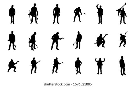 Vector silhouettes of a mens who playing a rock guitar. Set of hard rock musicians shapes.