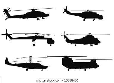 Vector silhouettes of military helicopters.