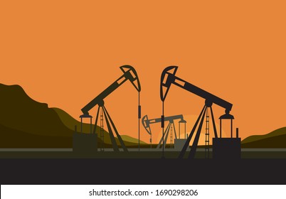 vector silhouettes of mining mechanisms on a sunset background. oil field development