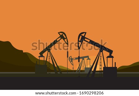 vector silhouettes of mining mechanisms on a sunset background. oil field development