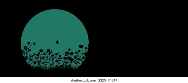 Vector silhouettes - moon behind flowers, plants, bushes and grasses