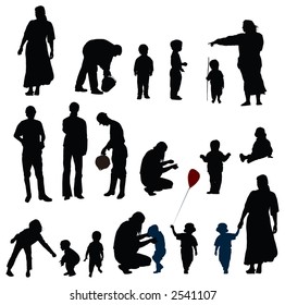Vector silhouettes of mother, father and child (boys, girls)