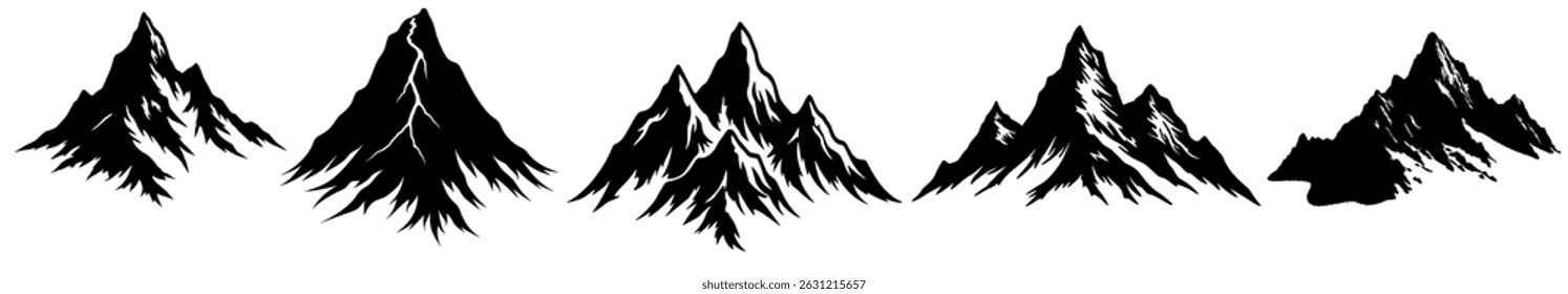Vector Silhouettes of Mountain Peaks – Black and White Hand-Drawn Ridge and Summit Illustrations for Adventure, Nature, Hiking, and Outdoor Design Themes

