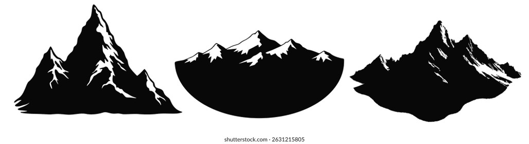 Vector Silhouettes of Mountain Peaks – Black and White Hand-Drawn Ridge and Summit Illustrations for Adventure, Nature, Hiking, and Outdoor Design Themes

