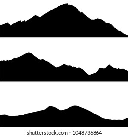 Vector silhouettes of the mountains, black color on the white background. Set of outdoor design elements, border of rocky mountains