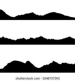 Vector silhouettes of the mountains, black color on the white background. Set of outdoor design elements, border of rocky mountains