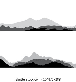 Vector silhouettes of the mountains, black and grey color on the white background. Set of outdoor design elements, border of rocky mountains