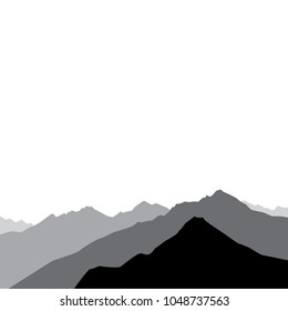 Vector silhouettes of the mountains, black and grey color on the white background. Outdoor design elements, border of rocky mountains