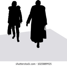 Vector silhouettes of moving women after each other in winter clothes in full growth.