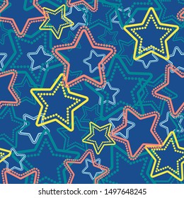 vector silhouettes of multicolored stars with dotted inner and outer edge. Dark blue background, turquoise, blue, red and yellow stars. Ideal for bedroom decor and children's clothes, scrapbook, art