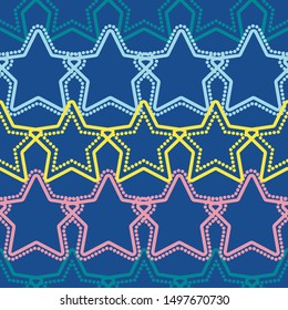 Vector silhouettes of multicolored stars with dotted inner and outer edge seamless pattern background. Organized in rows. Ideal for decoration of bedrooms and children's clothing, scrapbook, textile