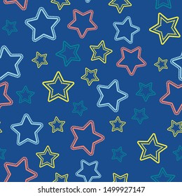 Vector Silhouettes Of Multicolored Stars With Dotted Inner And Outer Edge. Dark Blue Background Seamless Pattern. Ideal For Bedroom Decoration, Children's Clothing, Party, Celebration, Wallpaper.
