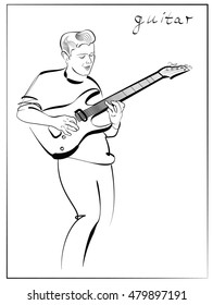 Vector silhouettes of the musicians isolated on white. Guitarist.  Contour line style