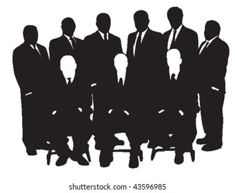 Vector silhouettes of nine business persons, six standing, three sitting.