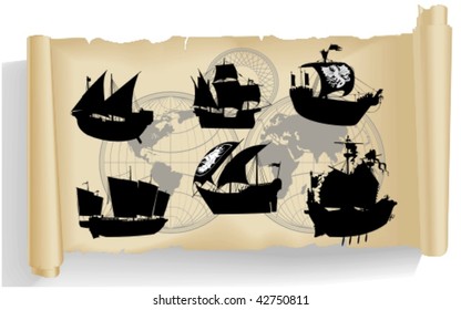 Vector silhouettes, old ship 2, vector illustration