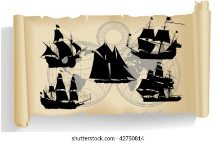 Vector silhouettes, old ship 3, vector illustration