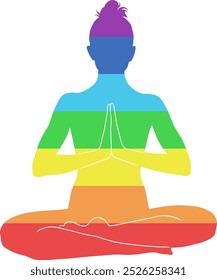 Vector silhouettes on woman siting in padmasana yoga pose in rainbow colors. Yoga meditation workout. Yoga girl icons for healthy life conception.