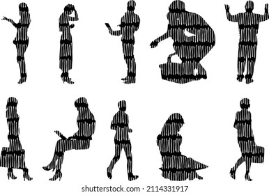 Vector silhouettes, Outline silhouettes of people, Contour drawing, people silhouette, Icon Set Isolated, Silhouette of sitting people, Architectural set	
