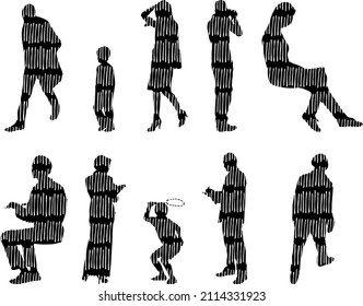 Vector silhouettes, Outline silhouettes of people, Contour drawing, people silhouette, Icon Set Isolated, Silhouette of sitting people, Architectural set	
