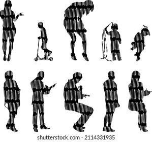 Vector silhouettes, Outline silhouettes of people, Contour drawing, people silhouette, Icon Set Isolated, Silhouette of sitting people, Architectural set	
