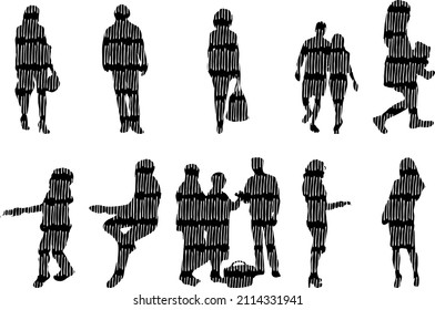 Vector silhouettes, Outline silhouettes of people, Contour drawing, people silhouette, Icon Set Isolated, Silhouette of sitting people, Architectural set	
