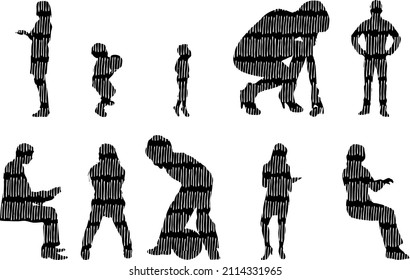 Vector silhouettes, Outline silhouettes of people, Contour drawing, people silhouette, Icon Set Isolated, Silhouette of sitting people, Architectural set	
