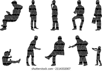 Vector silhouettes, Outline silhouettes of people, Contour drawing, people silhouette, Icon Set Isolated, Silhouette of sitting people, Architectural set	
