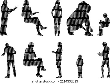 Vector silhouettes, Outline silhouettes of people, Contour drawing, people silhouette, Icon Set Isolated, Silhouette of sitting people, Architectural set	
