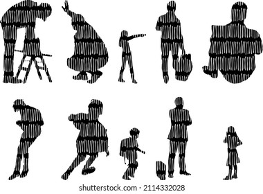 Siluetas vectoriales, Siluetas de contorno de personas, Dibujo de contorno, silueta de personas, Conjunto de iconos aislados, Silueta de personas sentadas, Conjunto arquitectónico	
