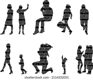 Vector silhouettes, Outline silhouettes of people, Contour drawing, people silhouette, Icon Set Isolated, Silhouette of sitting people, Architectural set	
