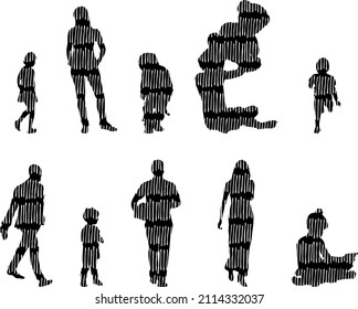 Vector silhouettes, Outline silhouettes of people, Contour drawing, people silhouette, Icon Set Isolated, Silhouette of sitting people, Architectural set	
