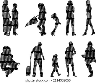 Vector silhouettes, Outline silhouettes of people, Contour drawing, people silhouette, Icon Set Isolated, Silhouette of sitting people, Architectural set	
