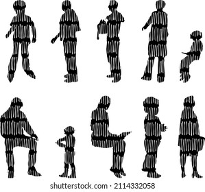 Vector silhouettes, Outline silhouettes of people, Contour drawing, people silhouette, Icon Set Isolated, Silhouette of sitting people, Architectural set	
