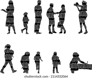 Vector silhouettes, Outline silhouettes of people, Contour drawing, people silhouette, Icon Set Isolated, Silhouette of sitting people, Architectural set	
