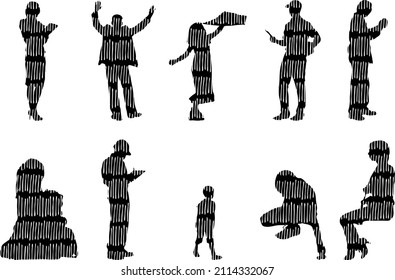 Vector silhouettes, Outline silhouettes of people, Contour drawing, people silhouette, Icon Set Isolated, Silhouette of sitting people, Architectural set	
