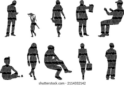 Vector silhouettes, Outline silhouettes of people, Contour drawing, people silhouette, Icon Set Isolated, Silhouette of sitting people, Architectural set	
