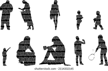 Vektor-Silhouetten, Silhouetten-Linien, Konturzeichnungen, Silhouette-Leute, Symbolsatz isoliert, Silhouette sitzender Menschen, Architekturset	
