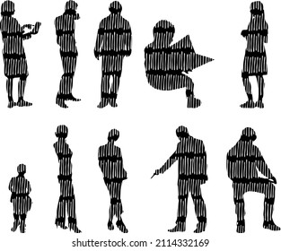 Vector silhouettes, Outline silhouettes of people, Contour drawing, people silhouette, Icon Set Isolated, Silhouette of sitting people, Architectural set	
